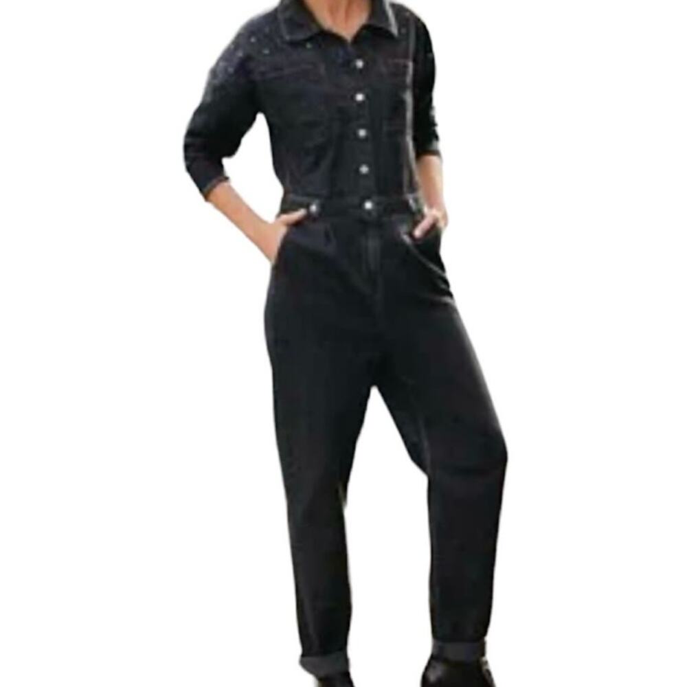 Savannah Miller Next denim studded utility jumpsuit coverall 10 medium P 7060